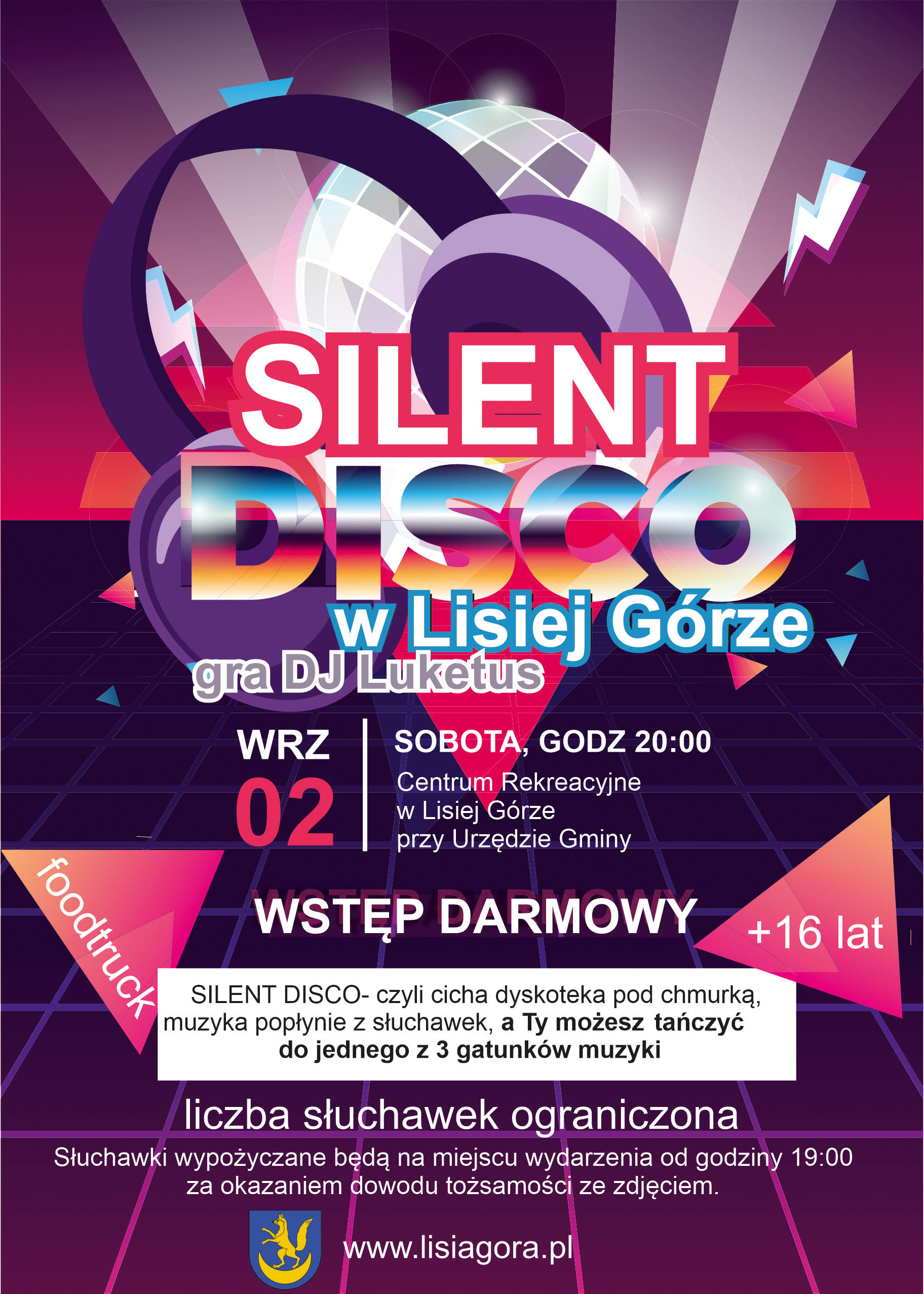 Plakat promujący wydarzenie: Silent Disco w Lisiej Górze w dniu 02 września. Wstęp wolny