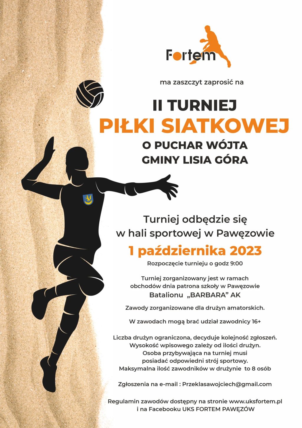 Plakat promujący wydarzenie - Turniej Siatkówki o Puchar Wójta w dniu 1 października 2023 r. w SP w Pawęzowie